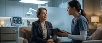 Senior Caucasian woman patient consulting with young Hispanic female healthcare professional in modern medical office setting with digital tablet.