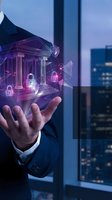 Businessman holding holographic bank building with security locks and digital network connections in modern office overlooking city skyline at dusk.
