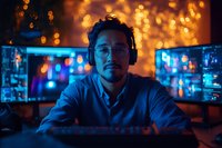 Asian male programmer wearing headphones works at night with multiple monitors displaying code, illuminated by warm bokeh lights and cool blue glow from screens.