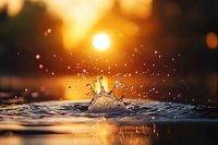 Water drop splash creating crown shape formation at sunset with golden sun and bokeh background, captured in macro photography with dramatic lighting.
