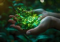 Magical glowing green virus cell floating above open palms with sparkles and bokeh effects against dark nature background, science visualization concept.