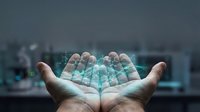 Hands holding a glowing molecular structure hologram in a laboratory, symbolizing innovation, biotechnology, and scientific research.