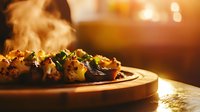 Steaming hot grilled vegetables and meat on wooden serving plate with aromatic smoke rising, warm ambient restaurant lighting creates cozy atmosphere.