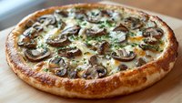 Homemade mushroom pizza with melted cheese and fresh herbs on wooden cutting board, ready to serve for dinner.