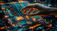 Female hand touching futuristic digital interface with glowing orange elements against dark background with bokeh lights, representing advanced technology interaction.