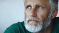 Thoughtful senior man with white beard wearing green sweater gazing into distance against light background, expressing wisdom and contemplation in natural lighting.