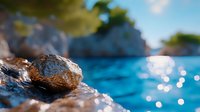 Scenic coastal rock formation with turquoise water and sunlit bokeh reflections, suitable for travel, nature, and vacation marketing materials.