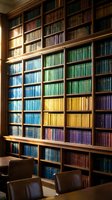 Wooden library shelving unit filled with colorful book spines organized by color gradient, featuring blue, green, yellow, and purple volumes in traditional study room setting with leather seating.