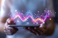 Glowing neon wave visualization floating above smartphone screen with sparkles and light effects, digital technology concept for mobile apps and data analysis.