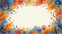 Colorful festive frame with ornamental swirls, stars, and gift boxes in warm orange and cool blue tones, isolated on white background for greeting cards and celebrations.