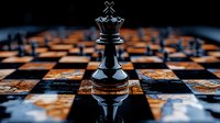 Black chess king piece standing on reflective chessboard with dramatic lighting and shallow depth of field creating atmospheric competitive scene.