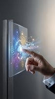 Businessman hand touching futuristic digital interface with glowing icons and data visualization for smart technology and innovation concepts.