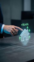 Businessman hand pointing at holographic house icon with rising percentage showing real estate market growth and property investment success.