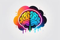Creative brain illustration with neon glow effect showing left and right hemispheres in vibrant yellow and blue colors with dripping paint elements on light background.