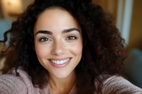 Close up portrait of young woman with curly dark hair and bright smile wearing casual sweater, looking at camera with genuine cheerful expression. Natural beauty concept.