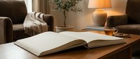 Cozy living room interior with open book on wooden coffee table, warm lighting from table lamp, comfortable sofa with throw blanket creating relaxing reading atmosphere.