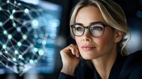 Professional woman with glasses in business attire contemplating next to digital network visualization display, expressing confidence and intelligence in corporate setting.