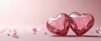 Two pink crystal hearts side by side on soft pink background with scattered small gems, perfect for romantic occasions.