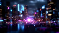 Vibrant night cityscape with glowing neon lights reflecting on water surface, blurred bokeh effect creates dreamy urban atmosphere. Modern metropolitan backdrop.