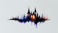 Mystical castle silhouette with glowing windows reflected in water, dark purple and orange watercolor effect creates dreamy fantasy landscape for wall art and design projects.