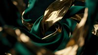 Elegant teal silk ribbon with golden leaf accents swirling in soft light, creating luxurious abstract composition for premium design and branding projects.