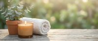 Spa wellness setup with burning candle, rolled towel and potted plant on wooden surface creating peaceful relaxation atmosphere for massage therapy.