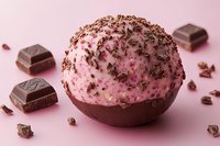 Pink strawberry ice cream ball coated in dark chocolate shell with chocolate shavings on top, surrounded by chocolate pieces on pink background.