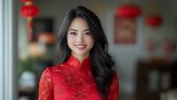 Young Asian woman wearing traditional red qipao dress with mandarin collar and lace details smiles warmly against blurred restaurant interior with lanterns.