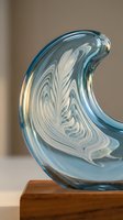 Handcrafted blown glass wave sculpture in aqua blue with swirling white patterns, mounted on a wooden base, showcasing artisan craftsmanship.