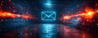 Glowing neon mail icon floating in futuristic cyber tunnel with dramatic orange and blue light effects reflecting on wet surface, digital communication concept.