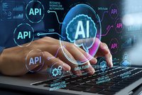 Businessman hands typing on laptop with AI and API integration icons, artificial intelligence automation technology concept for modern business solutions.