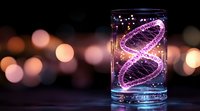Glowing DNA helix structure in glass container with bokeh background, purple and blue neon lights creating scientific atmosphere. Modern genetic research concept.