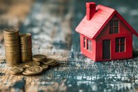 Red miniature house model next to stacked gold coins on weathered blue wooden surface, representing real estate investment, property costs and mortgage concept.