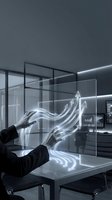 Businessman hands manipulating holographic growth arrows in modern office with transparent glass panels and LED lighting for business presentations.