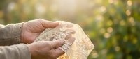 Senior hands holding clear ice cube outdoors with warm sunlight and bokeh background creating peaceful moment of contemplation and connection with nature.