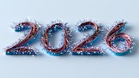 Frosted numbers 2026 with red metallic texture and blue glowing effect on light background, creative winter holiday typography design for seasonal greetings.