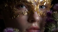 Woman wearing ornate gold leaf mask makeup with purple thistle flowers creating mystical carnival masquerade portrait against dark background.
