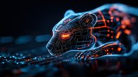 Futuristic digital panther with glowing orange and blue wireframe design crouching on network surface against dark background, representing artificial intelligence and technology.
