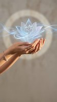 Female hands holding glowing lotus flower with om symbol and energy aura, representing spirituality, meditation, and wellness practices for healing and mindfulness concepts.