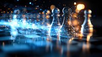 Chess pieces on glowing blue digital chessboard with light effects and bokeh, strategic business concept representing digital transformation and leadership.