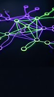 Abstract network connections with glowing purple and green nodes on dark background for technology and communication concepts.