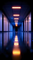 Empty corridor with red fluorescent lights reflecting on polished floor, creating dramatic perspective with blue and orange color contrast in dark atmosphere.