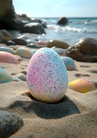 Speckled pastel Easter egg on sandy beach with ocean waves and rocks in background, soft sunlight creating magical holiday atmosphere for spring celebration.