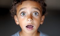 Young Latino boy with wide-open blue eyes and surprised expression looking directly at camera against dark background, showing genuine emotion and wonder.