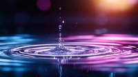 Water droplet creating ripples on liquid surface with vibrant purple and blue gradient lighting effects for modern design projects.
