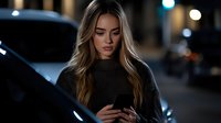 Young blonde woman in gray sweater looking at smartphone on dark city street with bokeh lights and parked cars in background, urban lifestyle portrait.