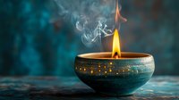 Glowing ceramic bowl with burning candle emitting smoke trails against dark turquoise background, creating mystical atmospheric mood for spiritual practices.