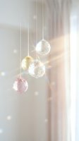 Hanging crystal ornaments in pastel colors casting rainbow light reflections on soft neutral background, isolated design element for holiday decorations, greeting cards, and festive marketing materials.