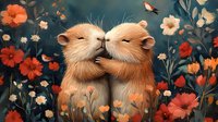 Two adorable hamsters sharing tender kiss among red and orange wildflowers on dark floral background, romantic animal illustration for valentines cards.