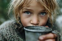 Young blonde girl with blue eyes drinking from metal cup outdoors wearing cozy knit sweater in natural forest setting with warm lighting and shallow depth of field.